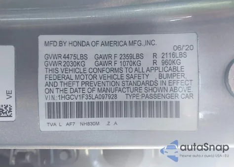 2020 Honda Accord Sport z USA, uszkodzony, nr VIN 1HGCV1F35LA097928